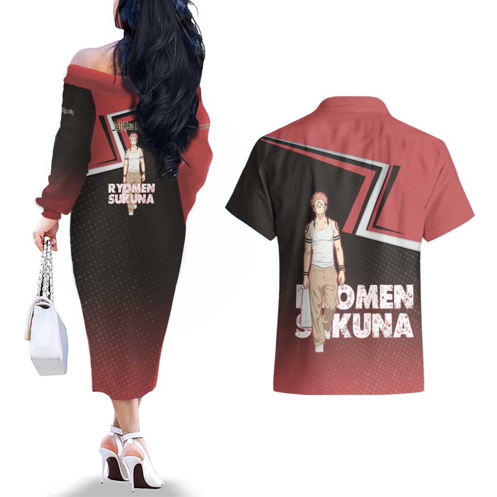 Ryomen Sukuna Couples Matching Off The Shoulder Long Sleeve Dress and Hawaiian Shirt Grunge Anime Poster Style