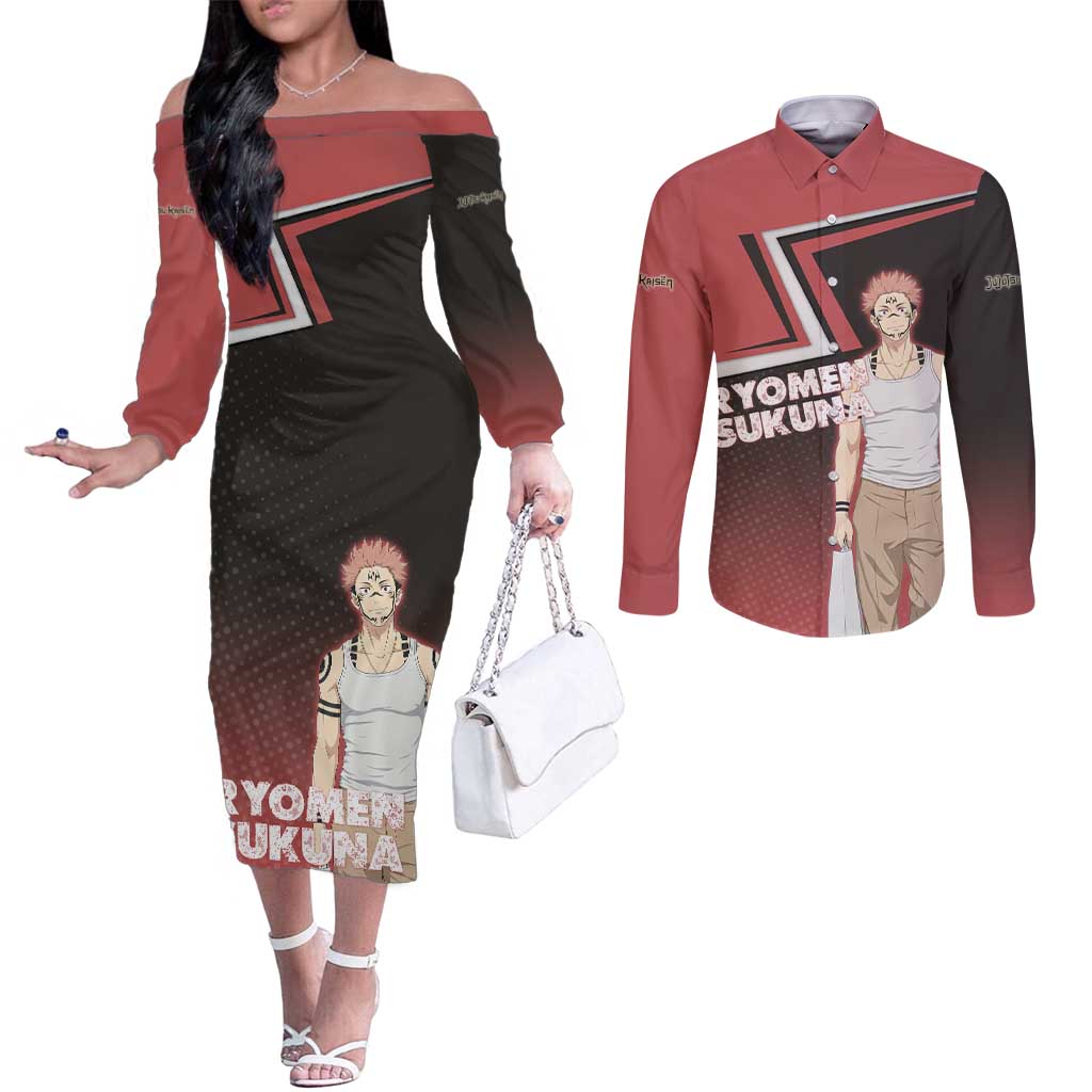 Ryomen Sukuna Couples Matching Off The Shoulder Long Sleeve Dress and Long Sleeve Button Shirt Grunge Anime Poster Style