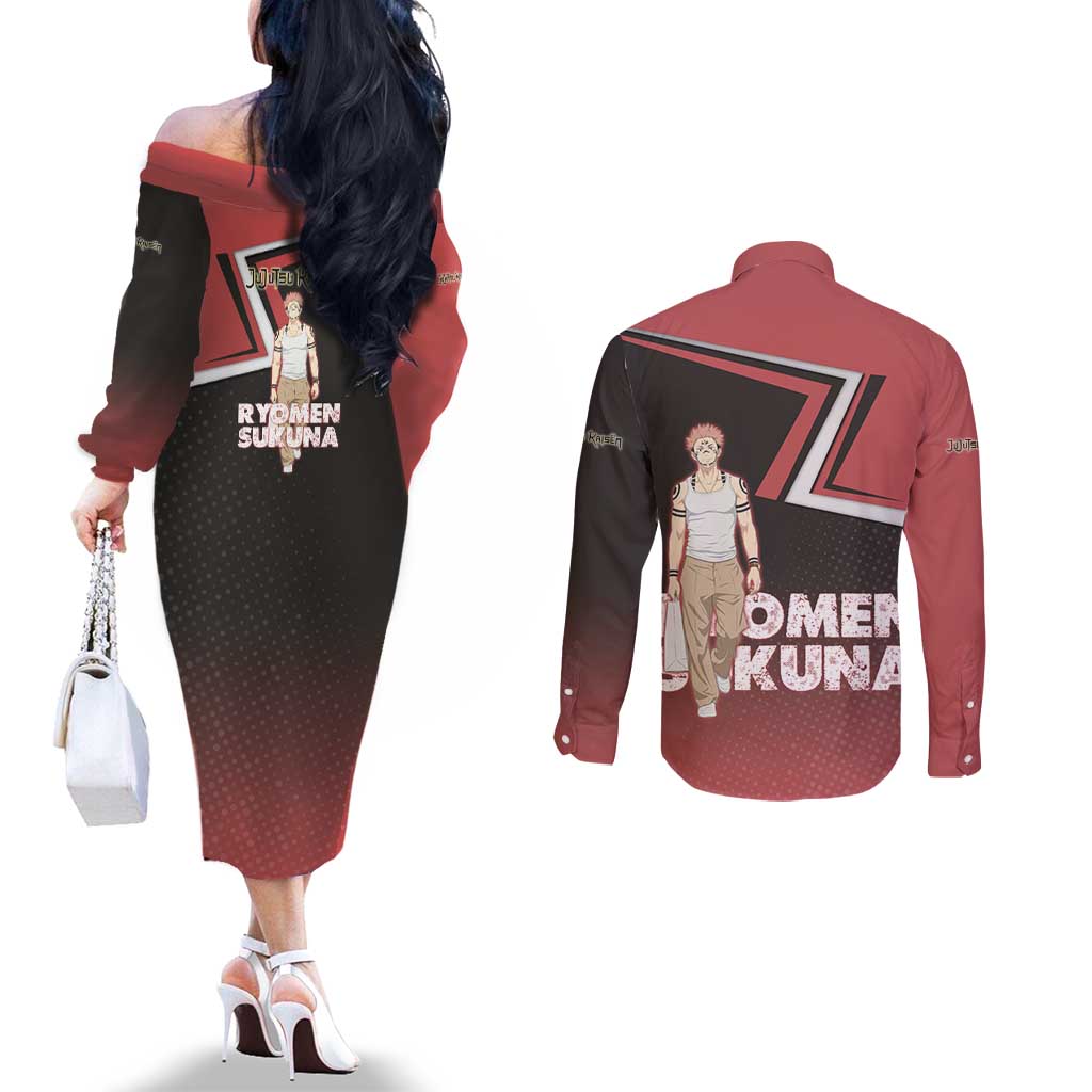 Ryomen Sukuna Couples Matching Off The Shoulder Long Sleeve Dress and Long Sleeve Button Shirt Grunge Anime Poster Style