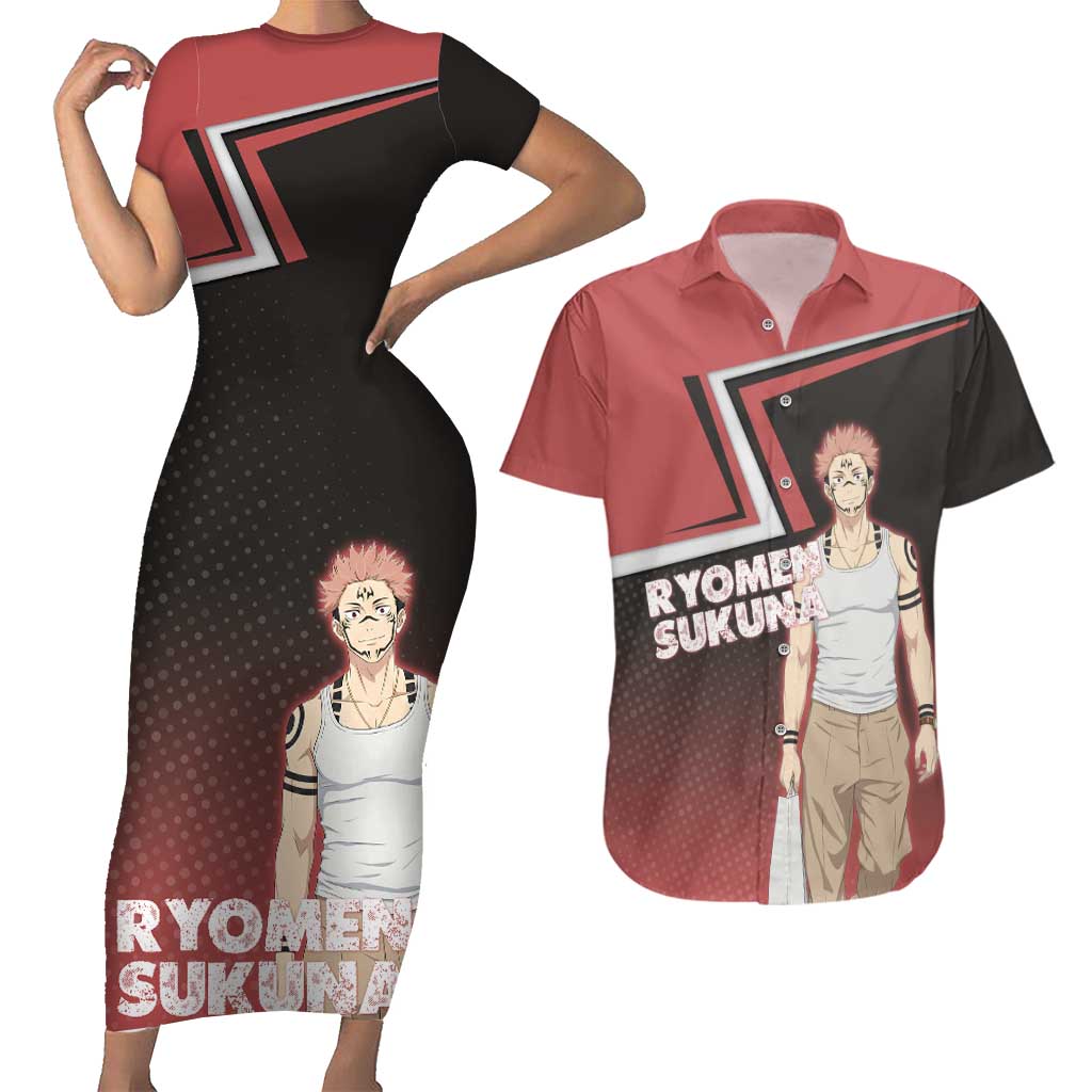 Ryomen Sukuna Couples Matching Short Sleeve Bodycon Dress and Hawaiian Shirt Grunge Anime Poster Style