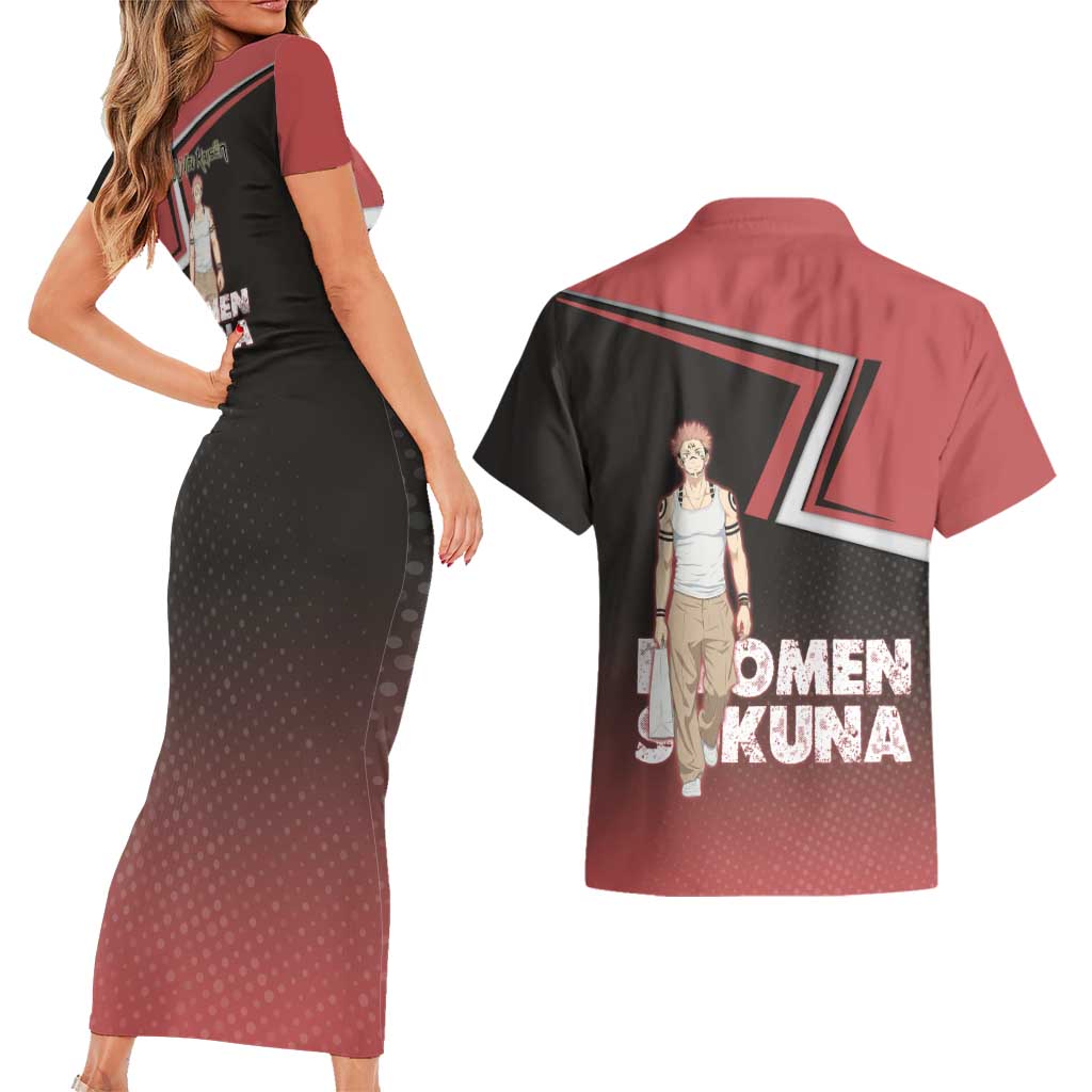 Ryomen Sukuna Couples Matching Short Sleeve Bodycon Dress and Hawaiian Shirt Grunge Anime Poster Style