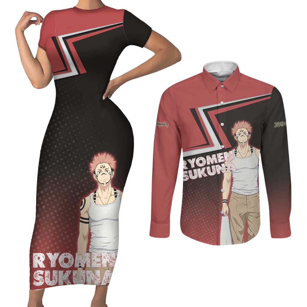 Ryomen Sukuna Couples Matching Short Sleeve Bodycon Dress and Long Sleeve Button Shirt Grunge Anime Poster Style