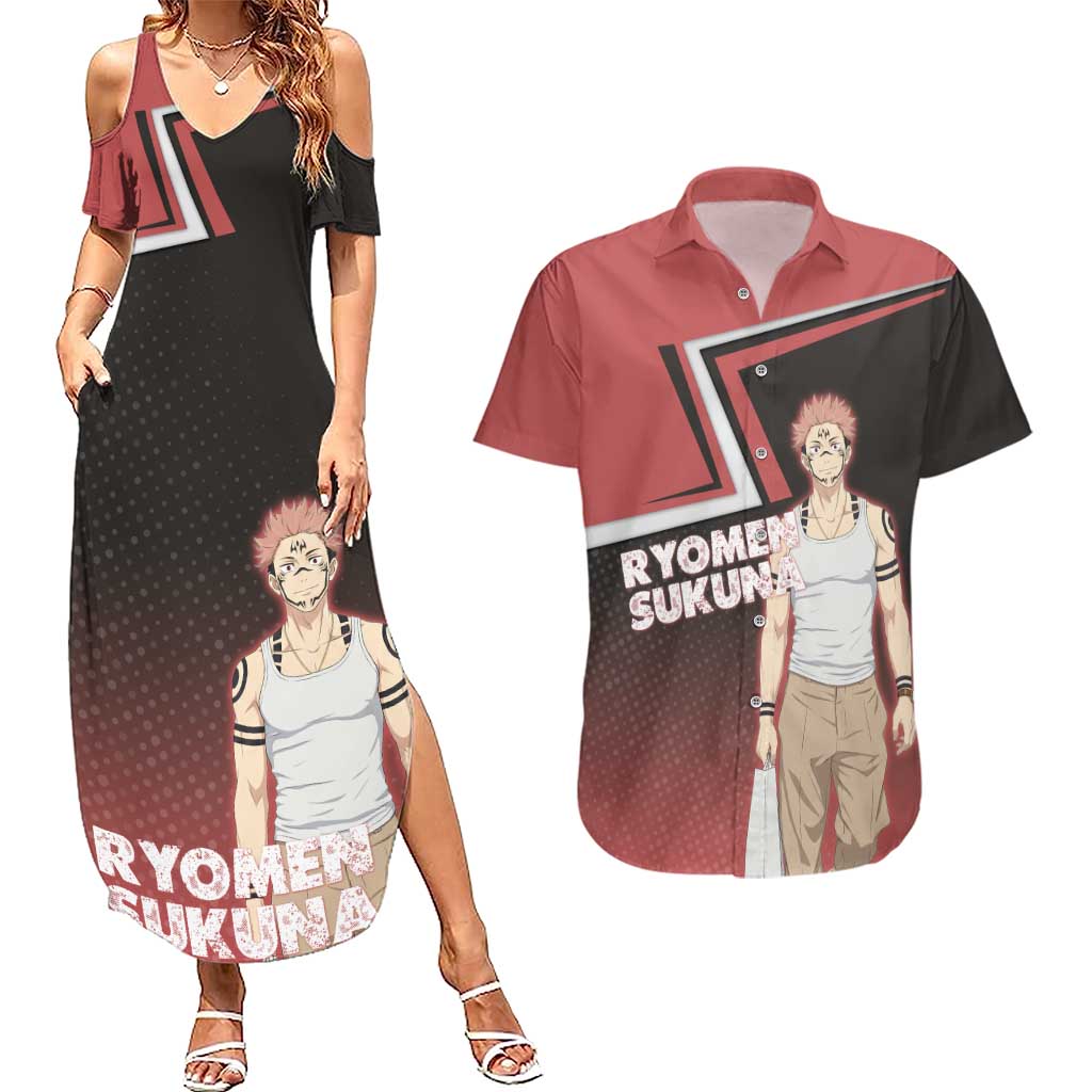 Ryomen Sukuna Couples Matching Summer Maxi Dress and Hawaiian Shirt Grunge Anime Poster Style