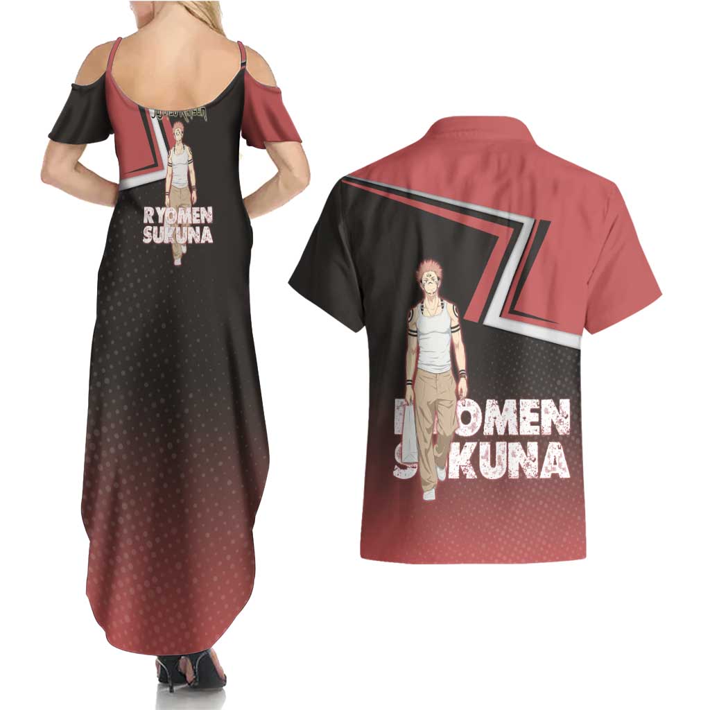 Ryomen Sukuna Couples Matching Summer Maxi Dress and Hawaiian Shirt Grunge Anime Poster Style