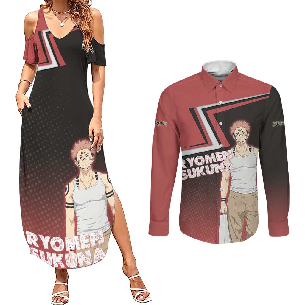 Ryomen Sukuna Couples Matching Summer Maxi Dress and Long Sleeve Button Shirt Grunge Anime Poster Style
