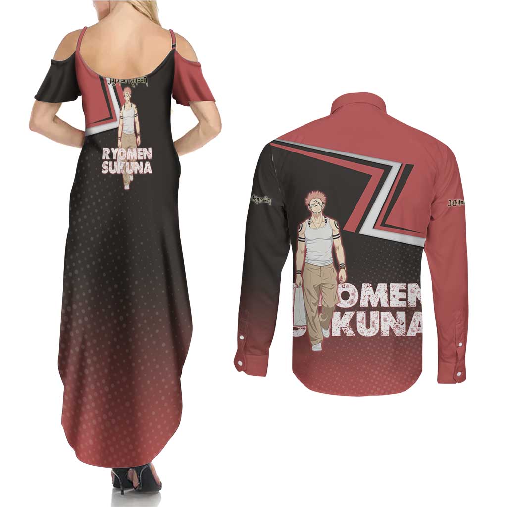 Ryomen Sukuna Couples Matching Summer Maxi Dress and Long Sleeve Button Shirt Grunge Anime Poster Style