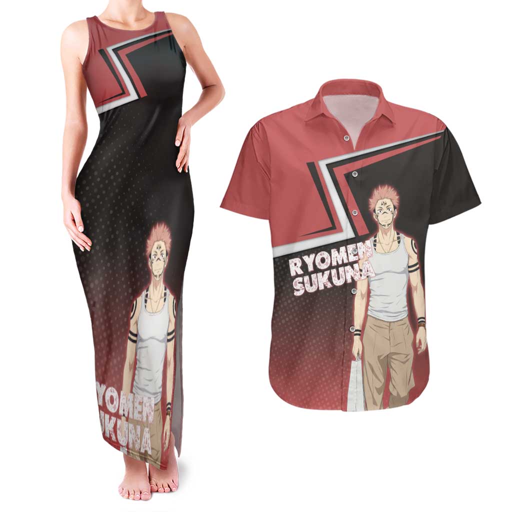 Ryomen Sukuna Couples Matching Tank Maxi Dress and Hawaiian Shirt Grunge Anime Poster Style