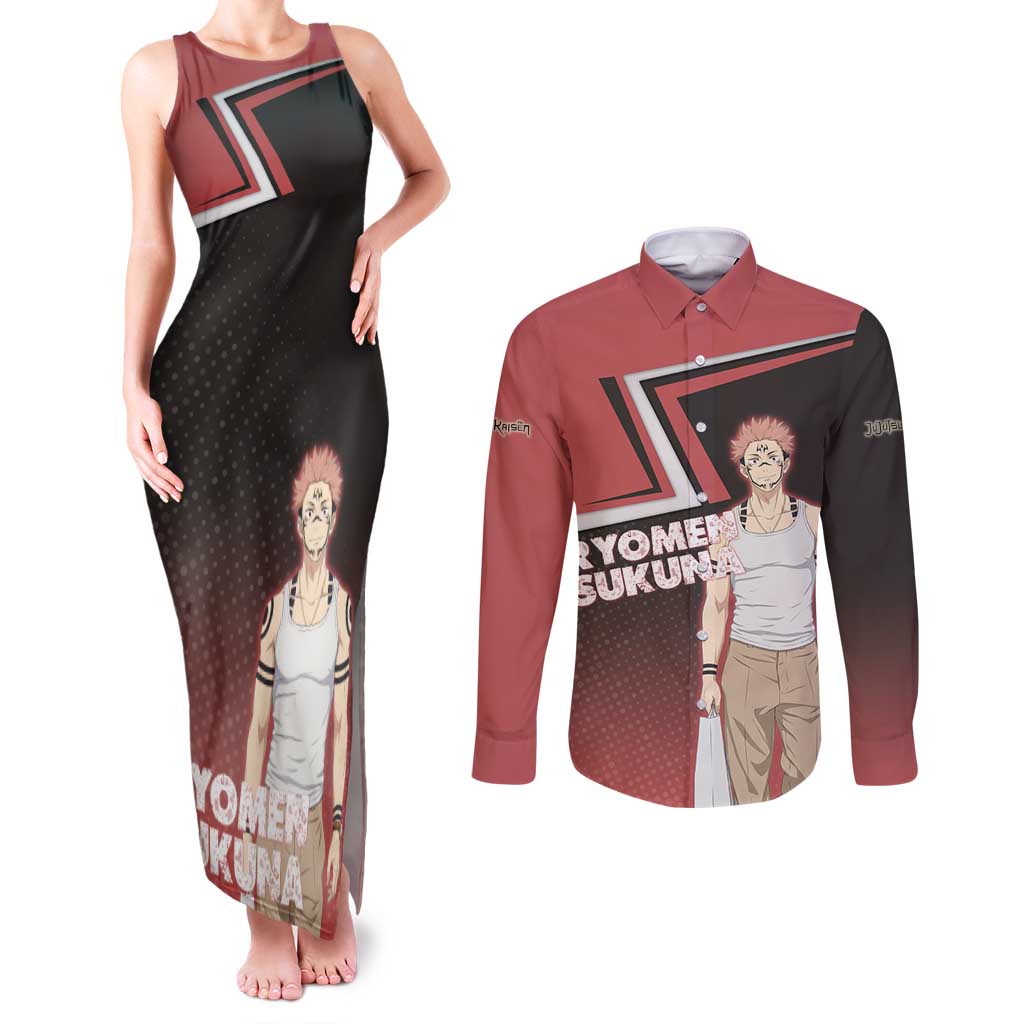 Ryomen Sukuna Couples Matching Tank Maxi Dress and Long Sleeve Button Shirt Grunge Anime Poster Style