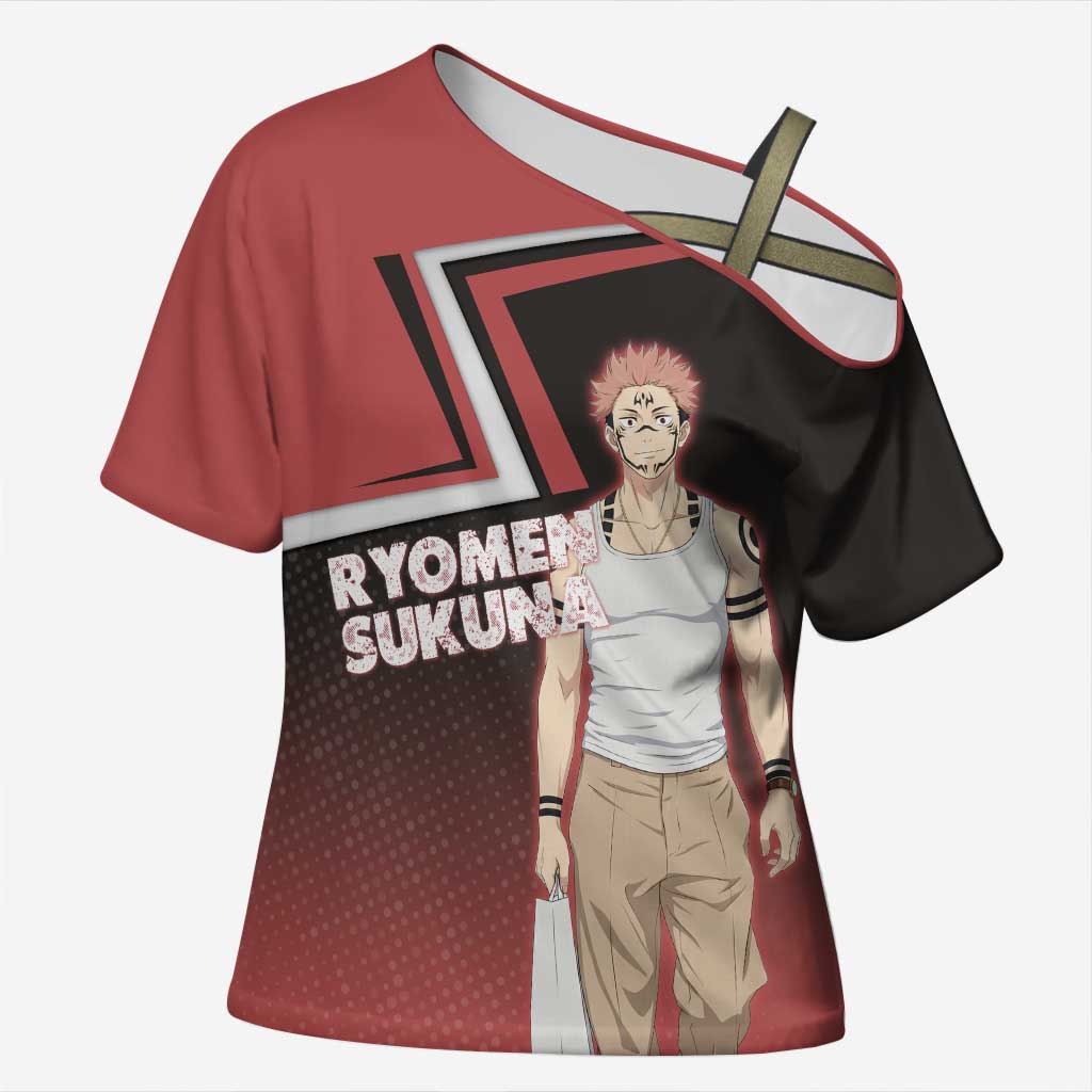 Ryomen Sukuna Cross Shoulder Shirt Grunge Anime Poster Style