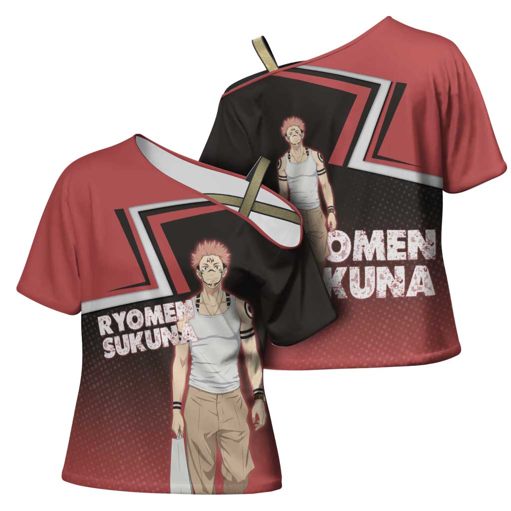 Ryomen Sukuna Cross Shoulder Shirt Grunge Anime Poster Style