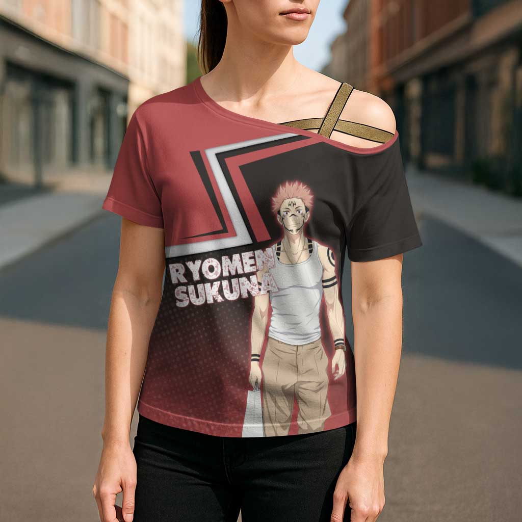 Ryomen Sukuna Cross Shoulder Shirt Grunge Anime Poster Style