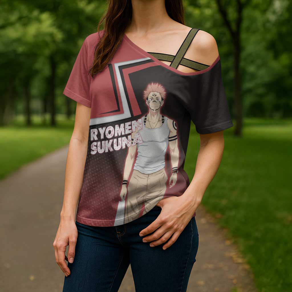 Ryomen Sukuna Cross Shoulder Shirt Grunge Anime Poster Style