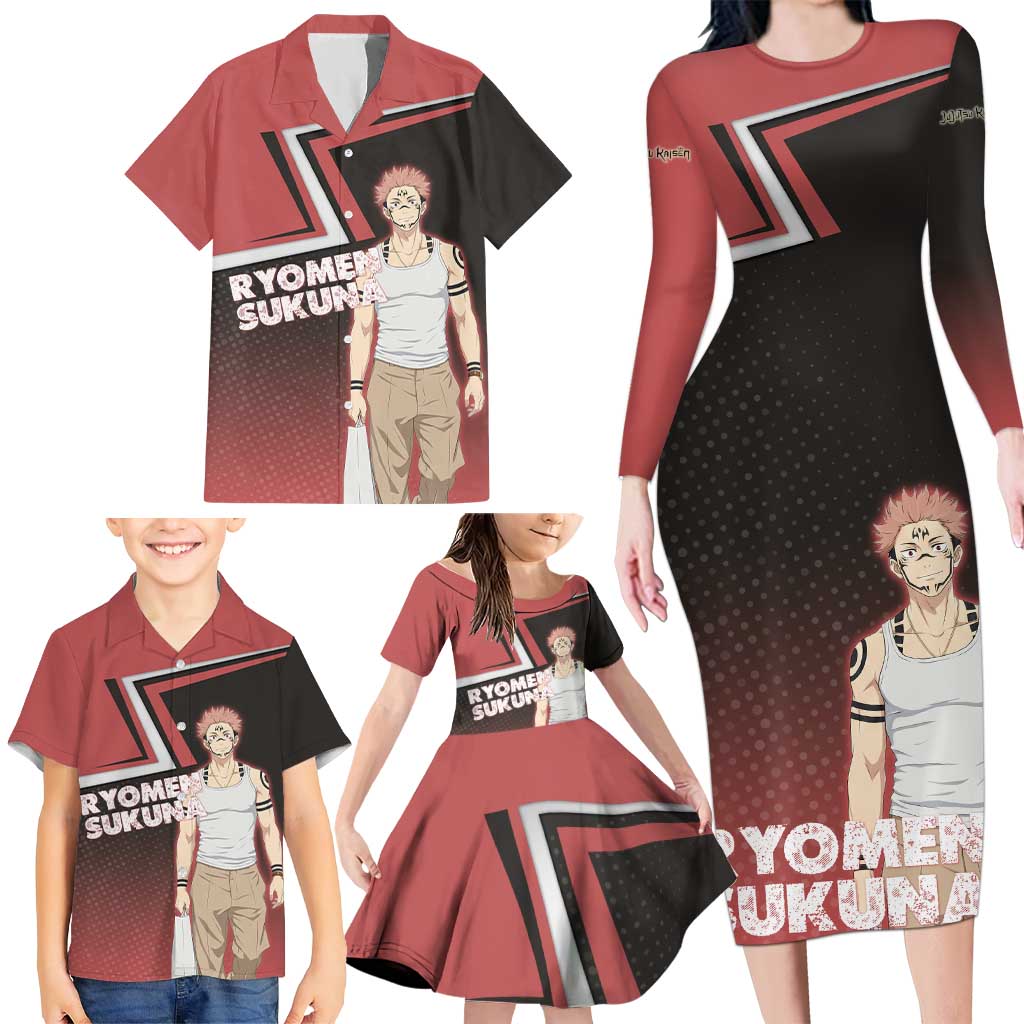 Ryomen Sukuna Family Matching Long Sleeve Bodycon Dress and Hawaiian Shirt Grunge Anime Poster Style