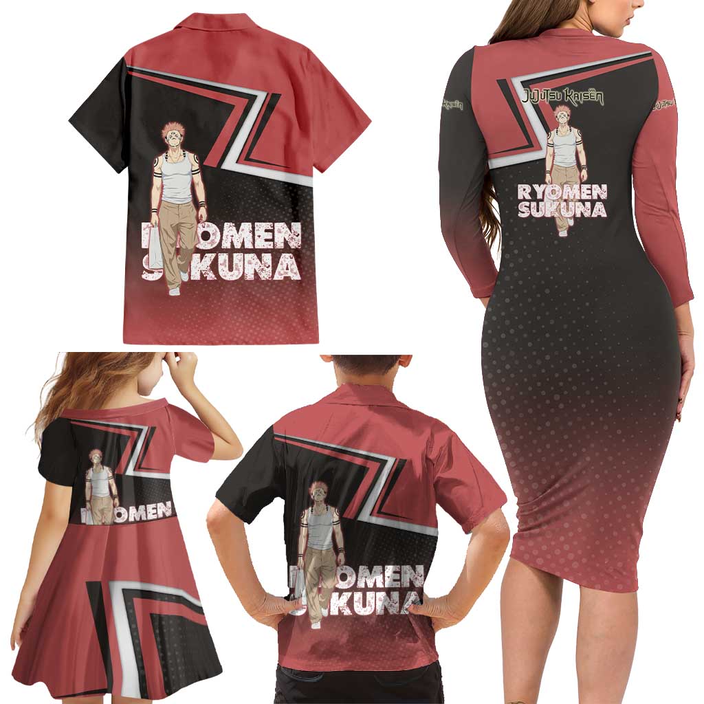 Ryomen Sukuna Family Matching Long Sleeve Bodycon Dress and Hawaiian Shirt Grunge Anime Poster Style