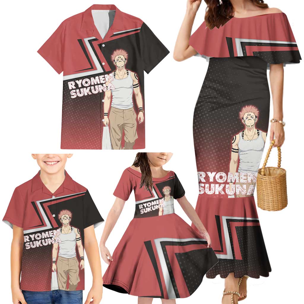 Ryomen Sukuna Family Matching Mermaid Dress and Hawaiian Shirt Grunge Anime Poster Style