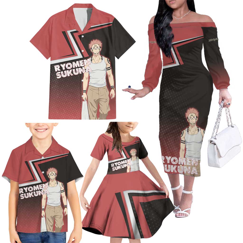 Ryomen Sukuna Family Matching Off The Shoulder Long Sleeve Dress and Hawaiian Shirt Grunge Anime Poster Style