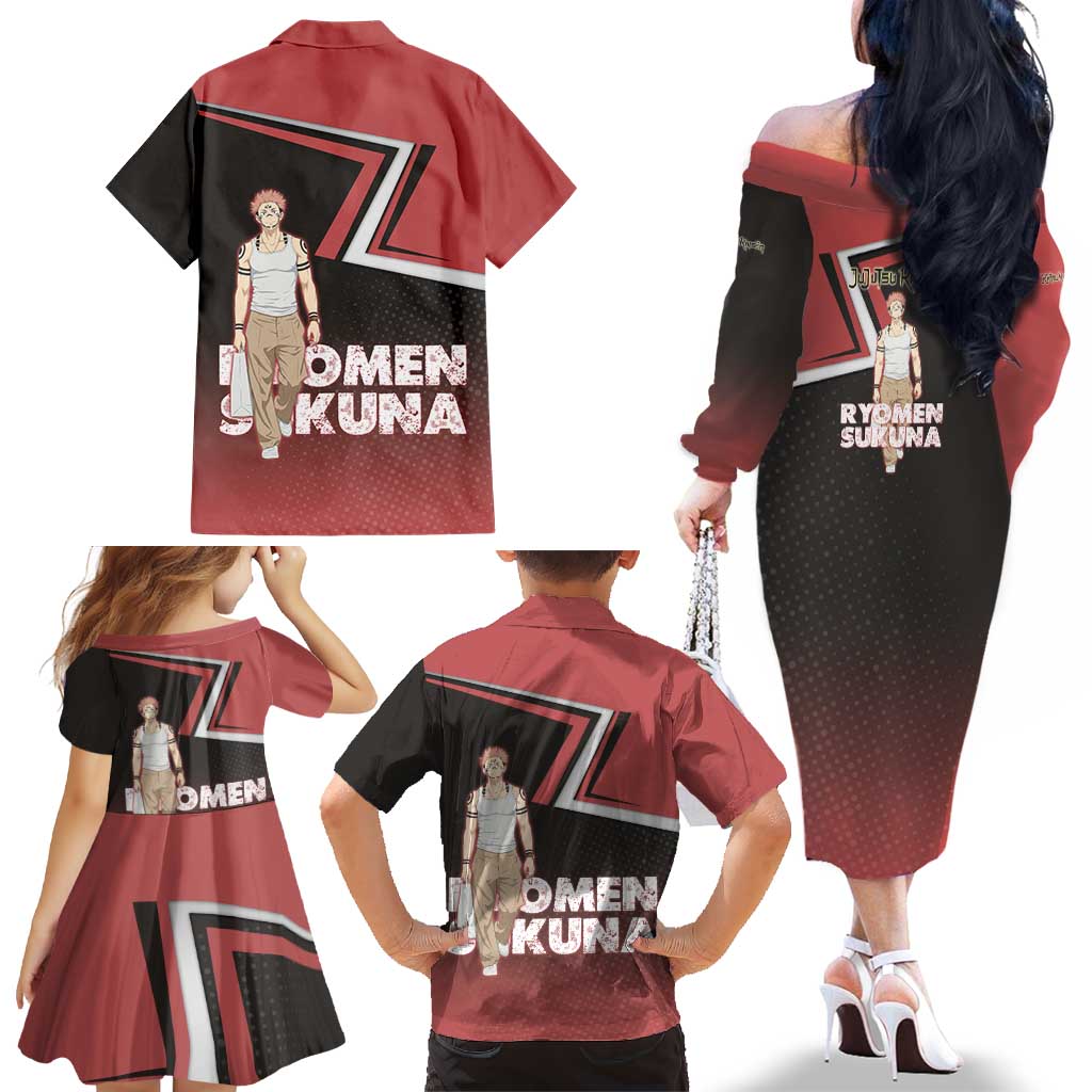 Ryomen Sukuna Family Matching Off The Shoulder Long Sleeve Dress and Hawaiian Shirt Grunge Anime Poster Style