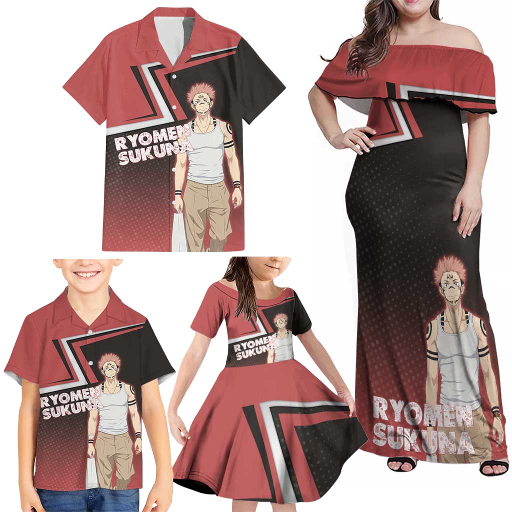 Ryomen Sukuna Family Matching Off Shoulder Maxi Dress and Hawaiian Shirt Grunge Anime Poster Style