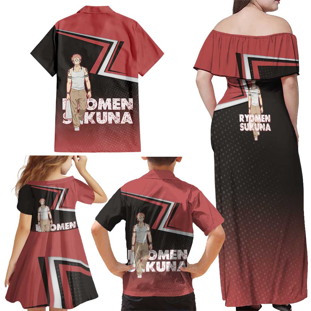 Ryomen Sukuna Family Matching Off Shoulder Maxi Dress and Hawaiian Shirt Grunge Anime Poster Style