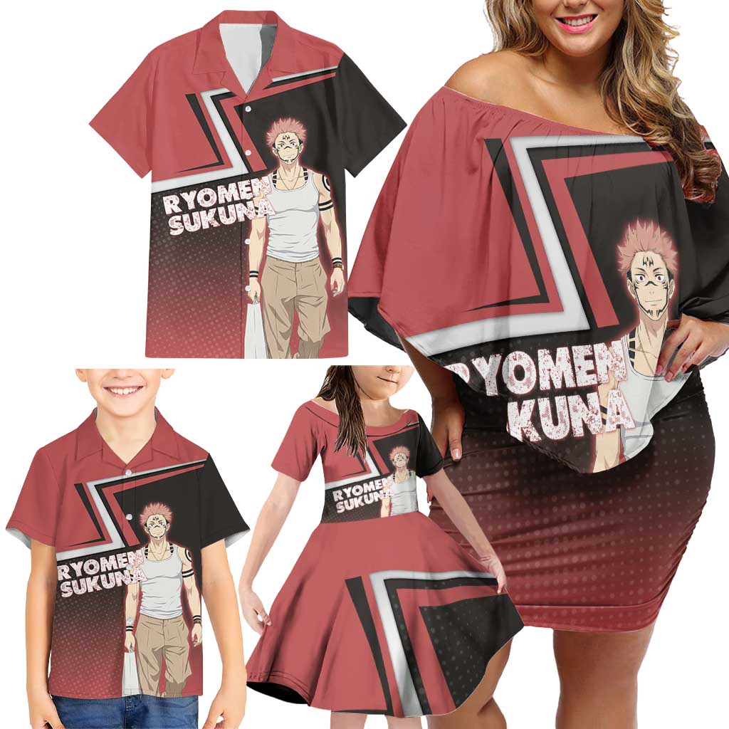 Ryomen Sukuna Family Matching Off Shoulder Short Dress and Hawaiian Shirt Grunge Anime Poster Style