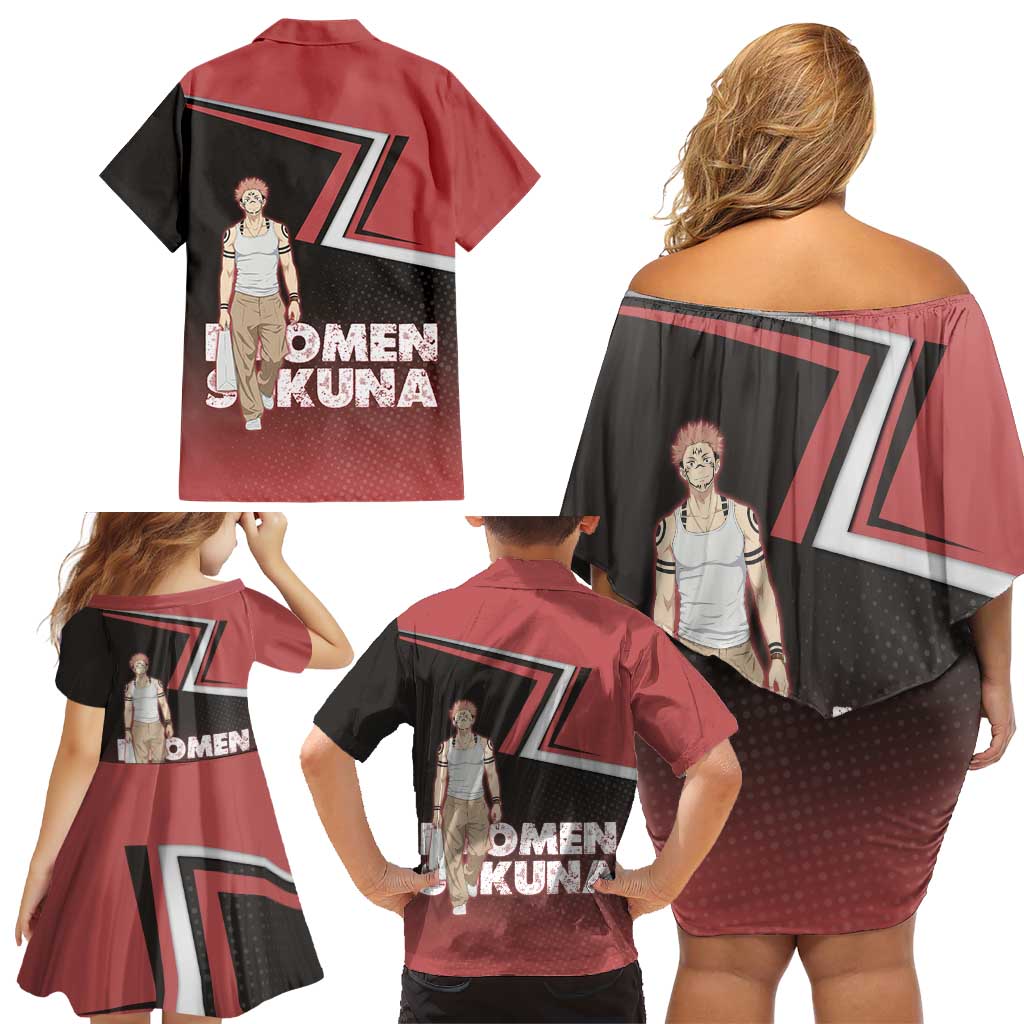 Ryomen Sukuna Family Matching Off Shoulder Short Dress and Hawaiian Shirt Grunge Anime Poster Style