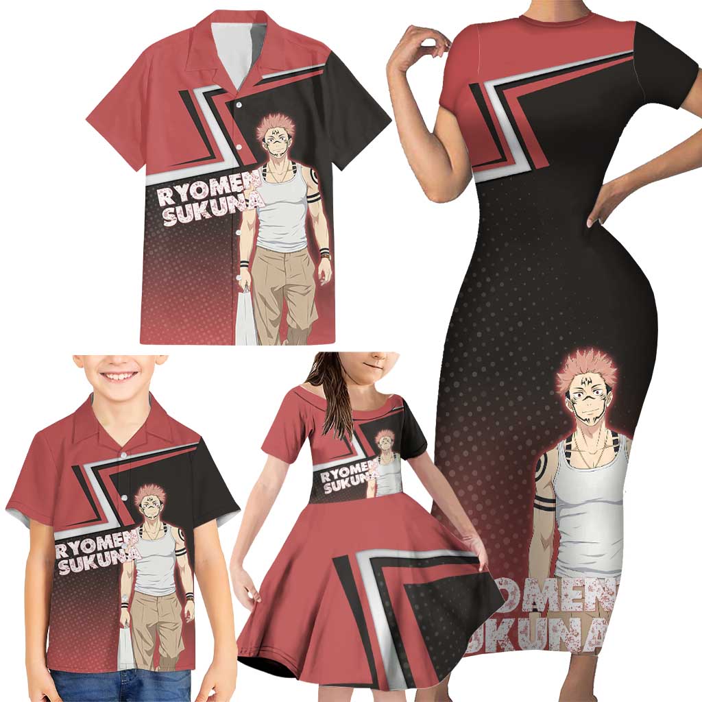 Ryomen Sukuna Family Matching Short Sleeve Bodycon Dress and Hawaiian Shirt Grunge Anime Poster Style