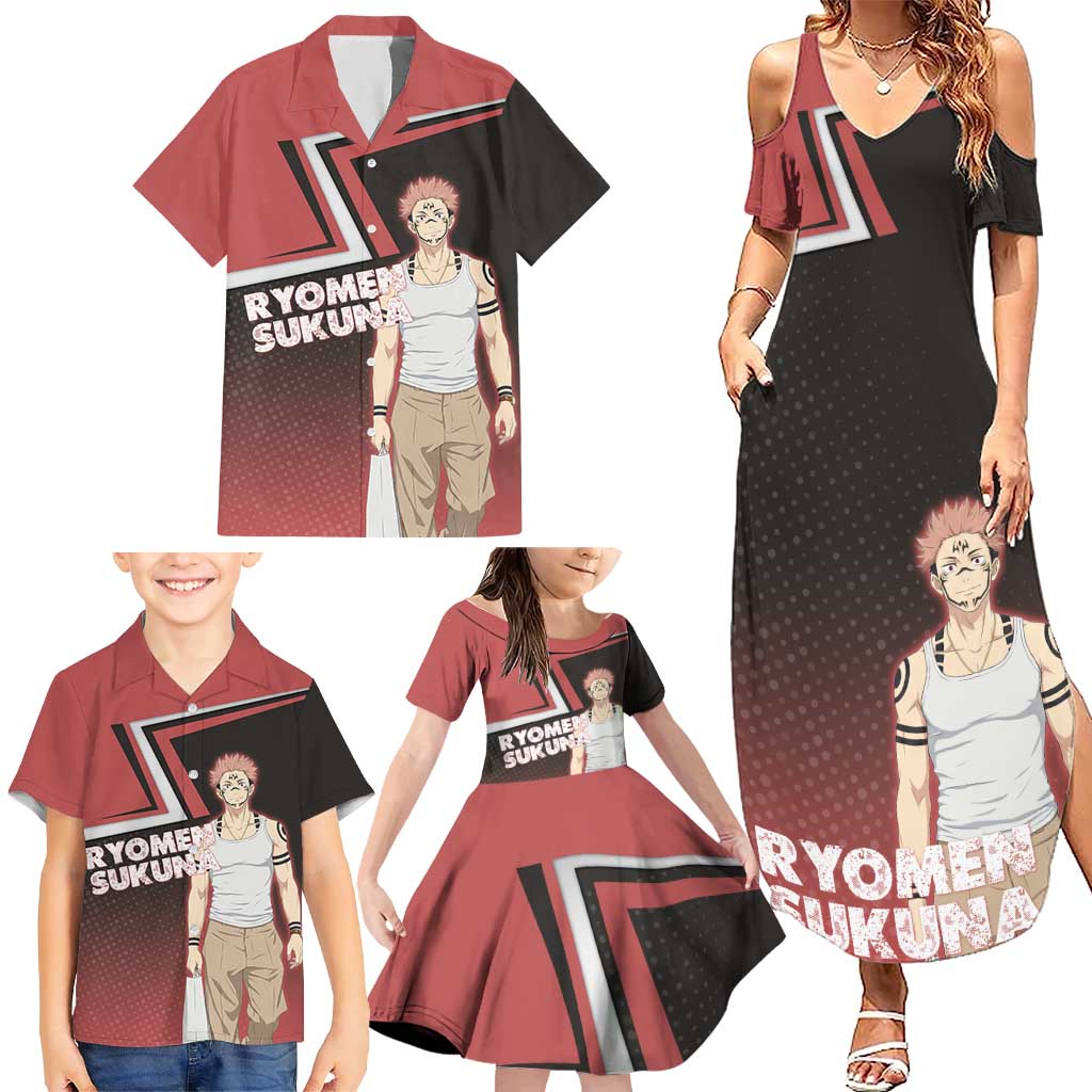 Ryomen Sukuna Family Matching Summer Maxi Dress and Hawaiian Shirt Grunge Anime Poster Style
