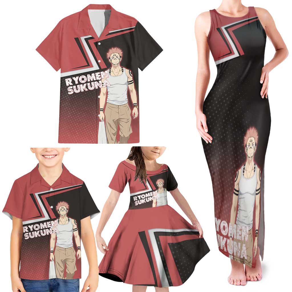 Ryomen Sukuna Family Matching Tank Maxi Dress and Hawaiian Shirt Grunge Anime Poster Style