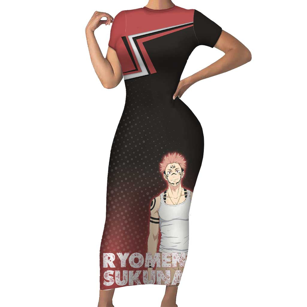 Ryomen Sukuna Short Sleeve Bodycon Dress Grunge Anime Poster Style