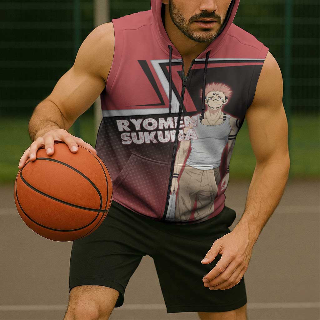 Ryomen Sukuna Sleeveless Zip Hoodie Grunge Anime Poster Style
