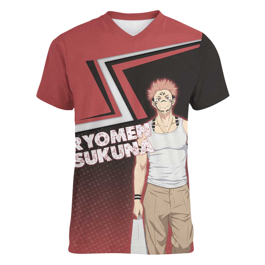 Ryomen Sukuna Women V-Neck T-Shirt Grunge Anime Poster Style
