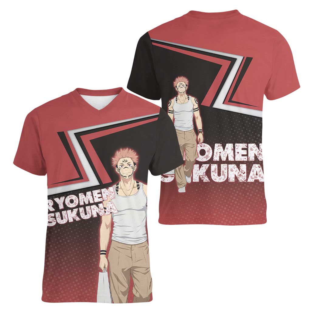 Ryomen Sukuna Women V-Neck T-Shirt Grunge Anime Poster Style