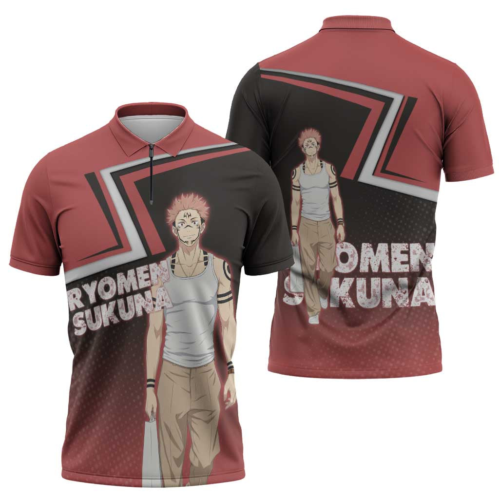 Ryomen Sukuna Zipper Polo Shirt Grunge Anime Poster Style