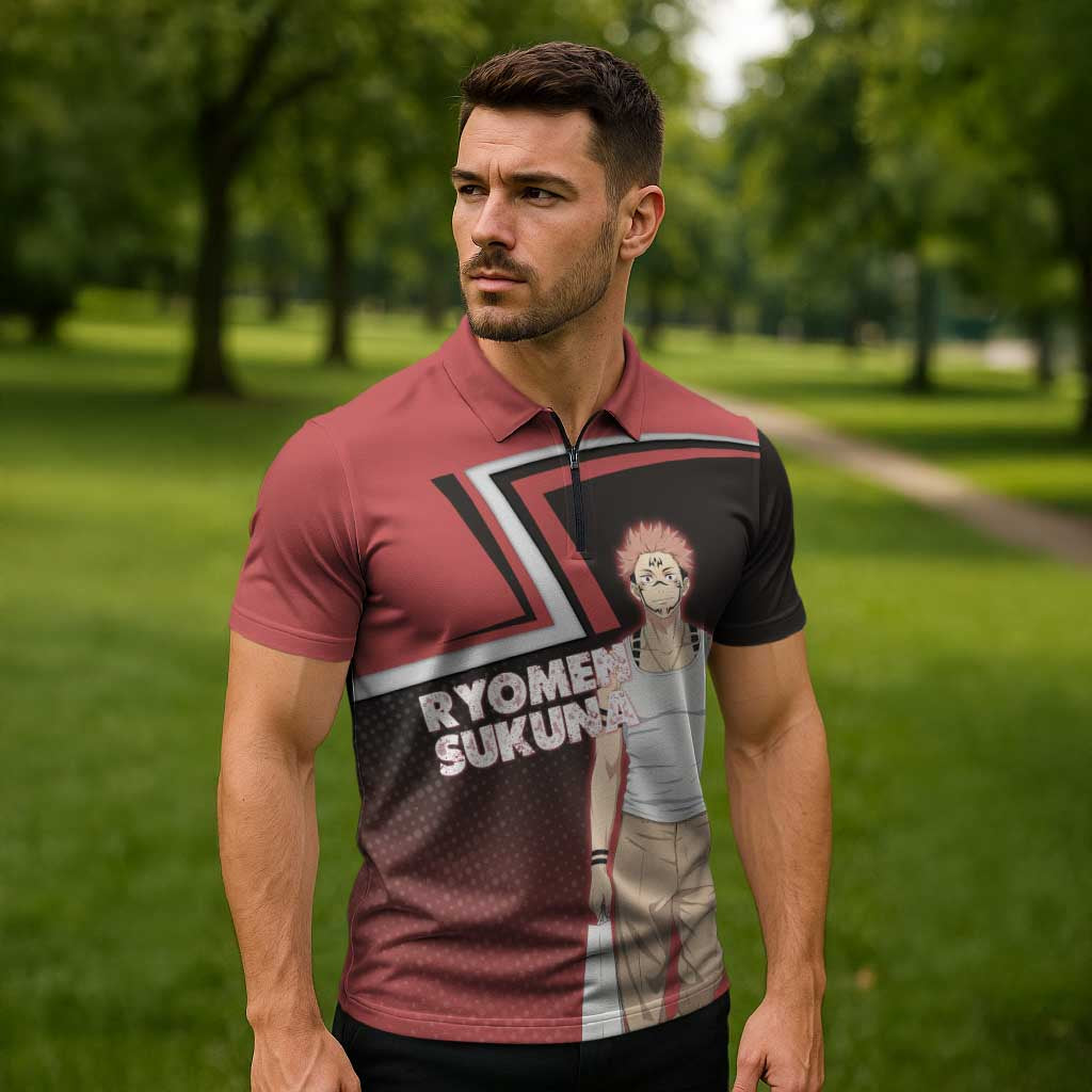 Ryomen Sukuna Zipper Polo Shirt Grunge Anime Poster Style