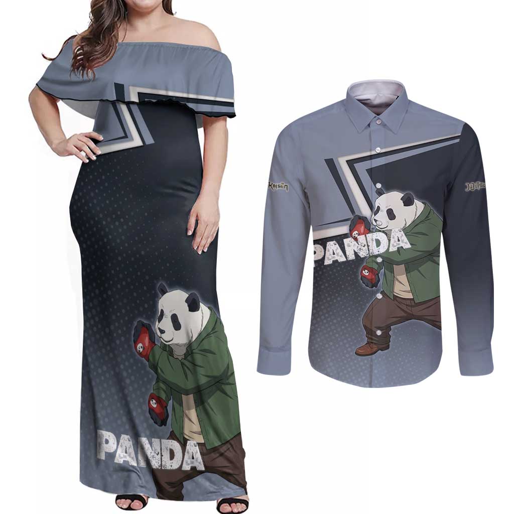 Panda Couples Matching Off Shoulder Maxi Dress and Long Sleeve Button Shirt Urban Anime Combat Style
