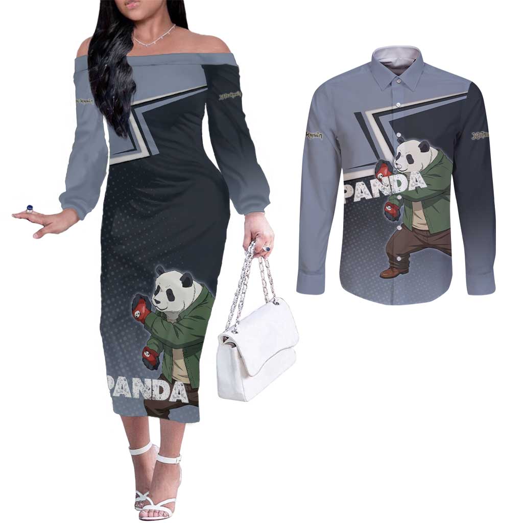 Panda Couples Matching Off The Shoulder Long Sleeve Dress and Long Sleeve Button Shirt Urban Anime Combat Style