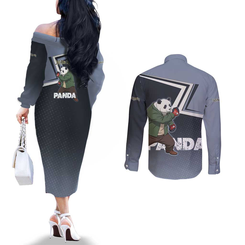 Panda Couples Matching Off The Shoulder Long Sleeve Dress and Long Sleeve Button Shirt Urban Anime Combat Style
