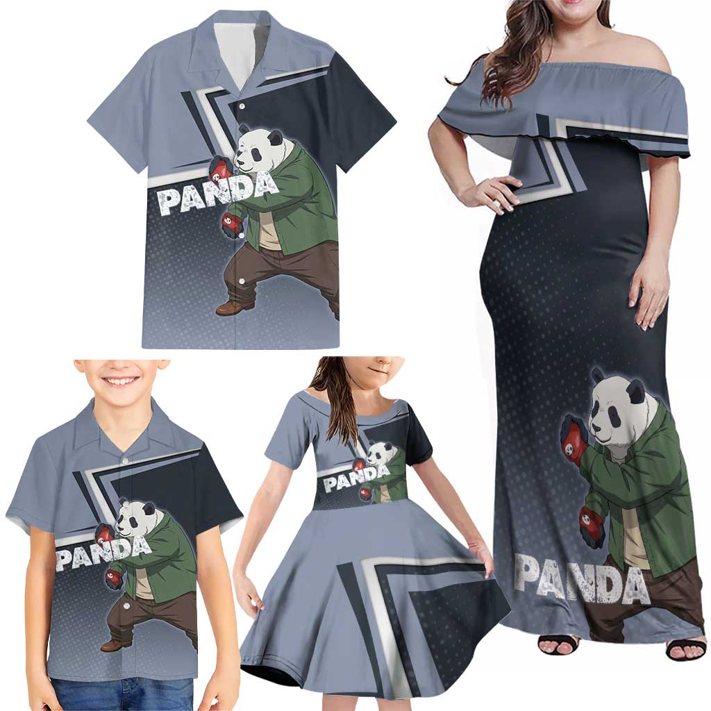 Panda Family Matching Off Shoulder Maxi Dress and Hawaiian Shirt Urban Anime Combat Style