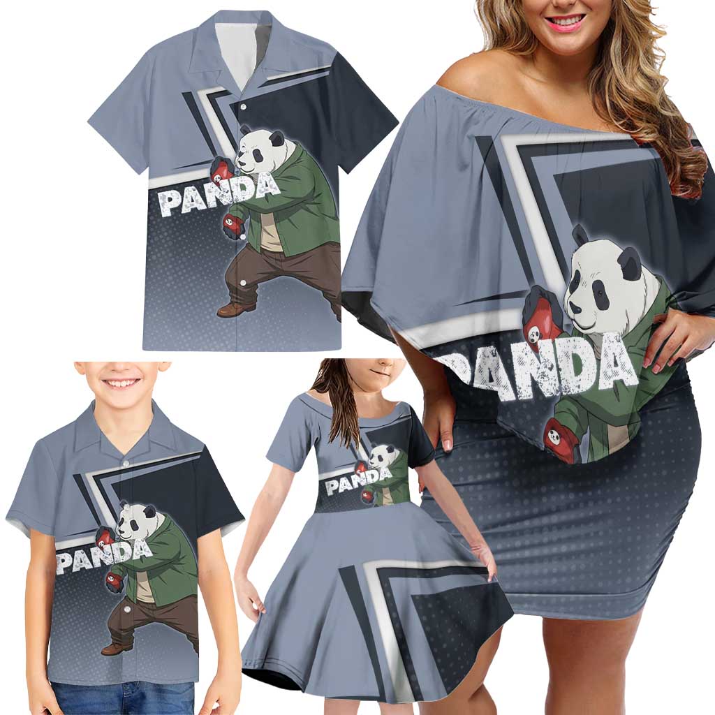 Panda Family Matching Off Shoulder Short Dress and Hawaiian Shirt Urban Anime Combat Style