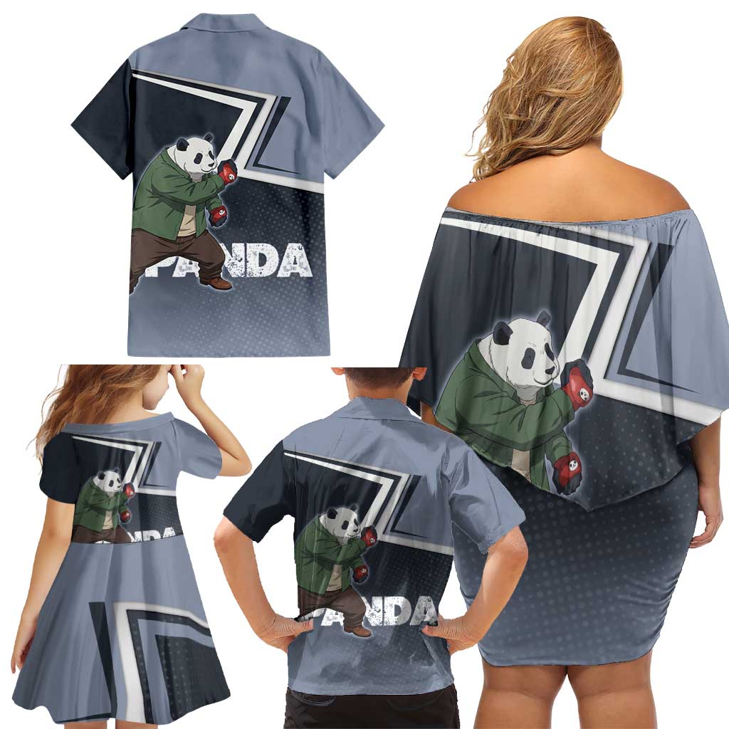 Panda Family Matching Off Shoulder Short Dress and Hawaiian Shirt Urban Anime Combat Style