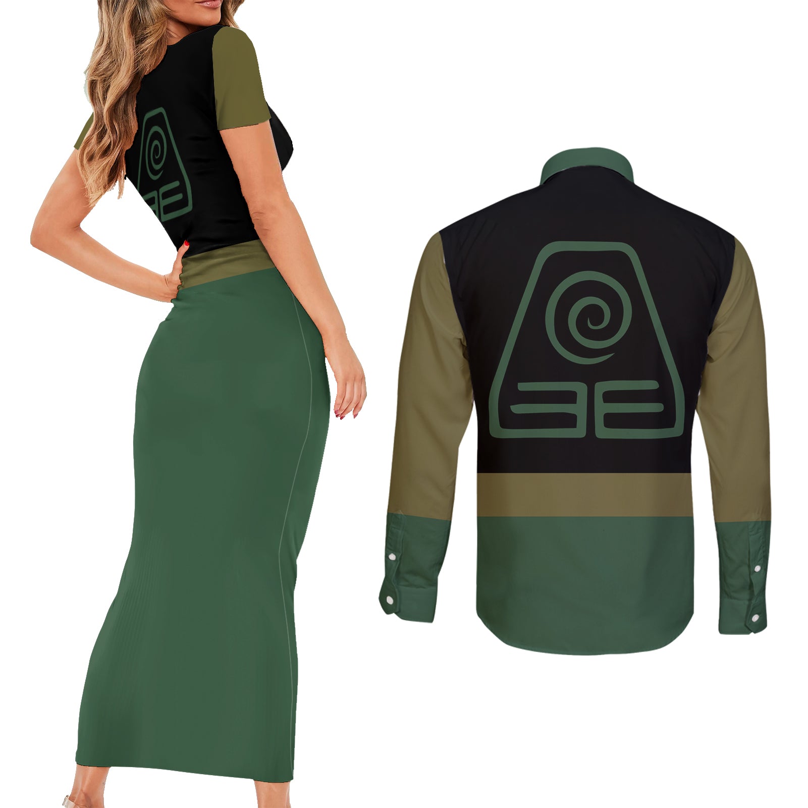 Avatar Hoodie Earth Nation Couples Matching Short Sleeve Bodycon Dress and Long Sleeve Button Shirt