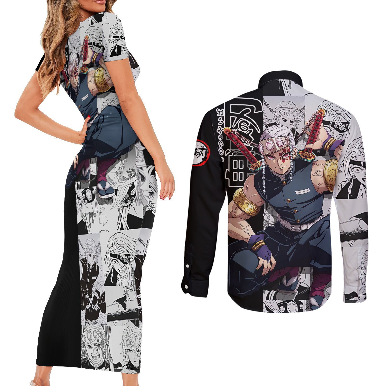 Tengen Uzui - Manga Style Couples Matching Short Sleeve Bodycon Dress and Long Sleeve Button Shirt