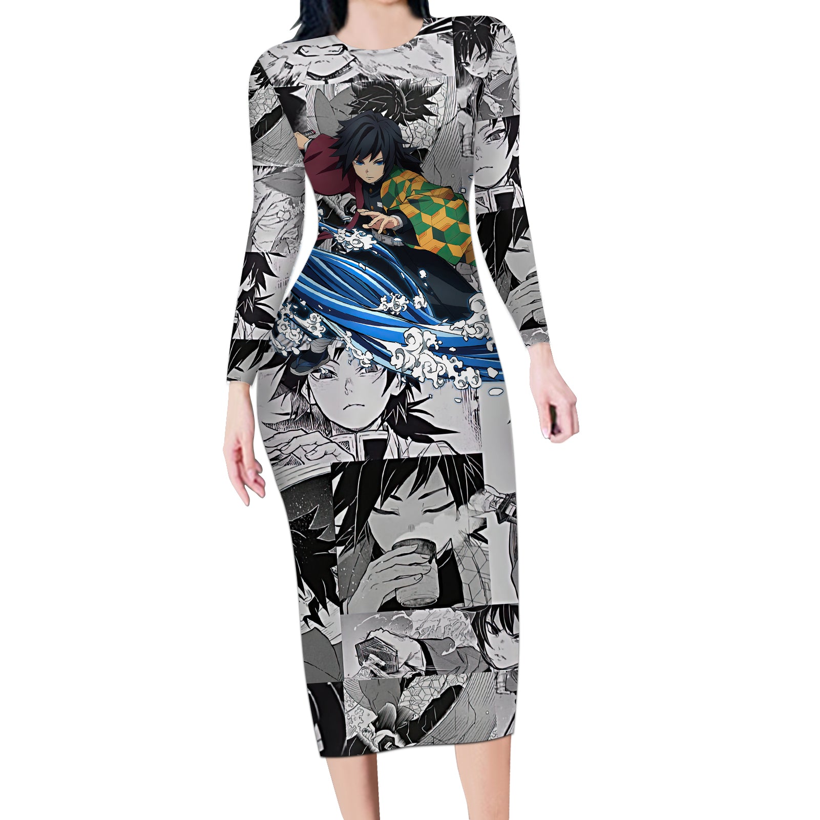 Giyu Tomioka - Demon Slayer Anime Mixed Manga Long Sleeve Bodycon Dress