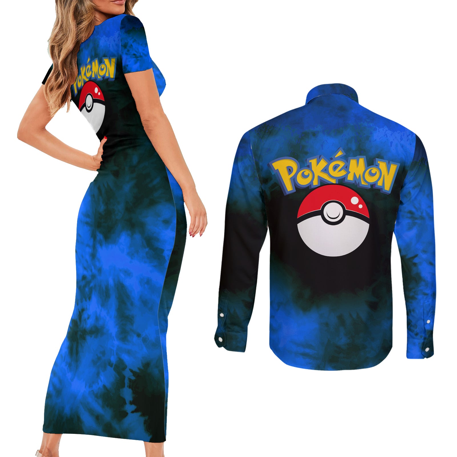 Snorlax - Tie Dye Style Couples Matching Short Sleeve Bodycon Dress and Long Sleeve Button Shirt