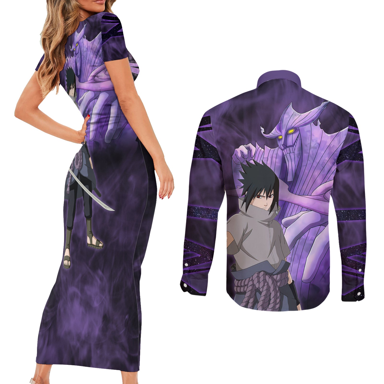 Sasuke Susanoo Couples Matching Short Sleeve Bodycon Dress and Long Sleeve Button Shirt Naruto