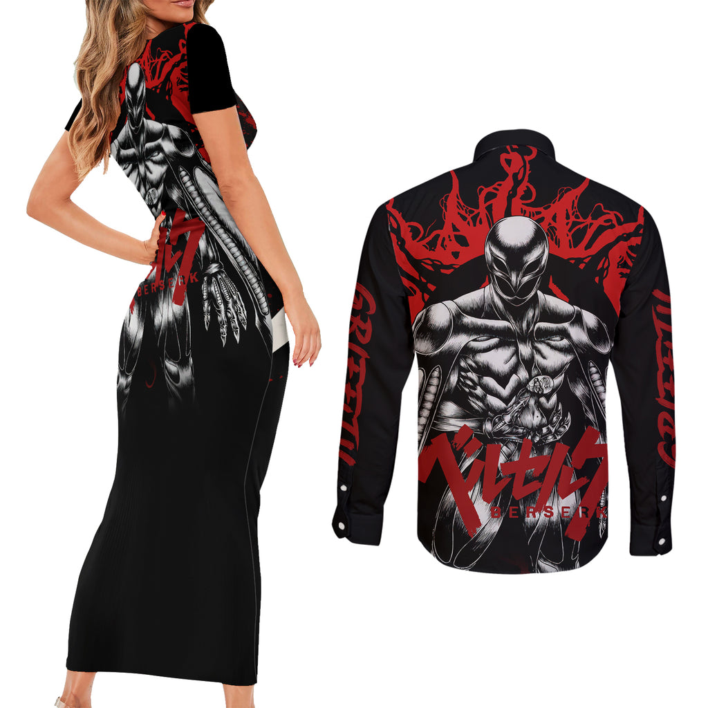 Griffith Berserk Couples Matching Short Sleeve Bodycon Dress and Long Sleeve Button Shirt Black Blood Style