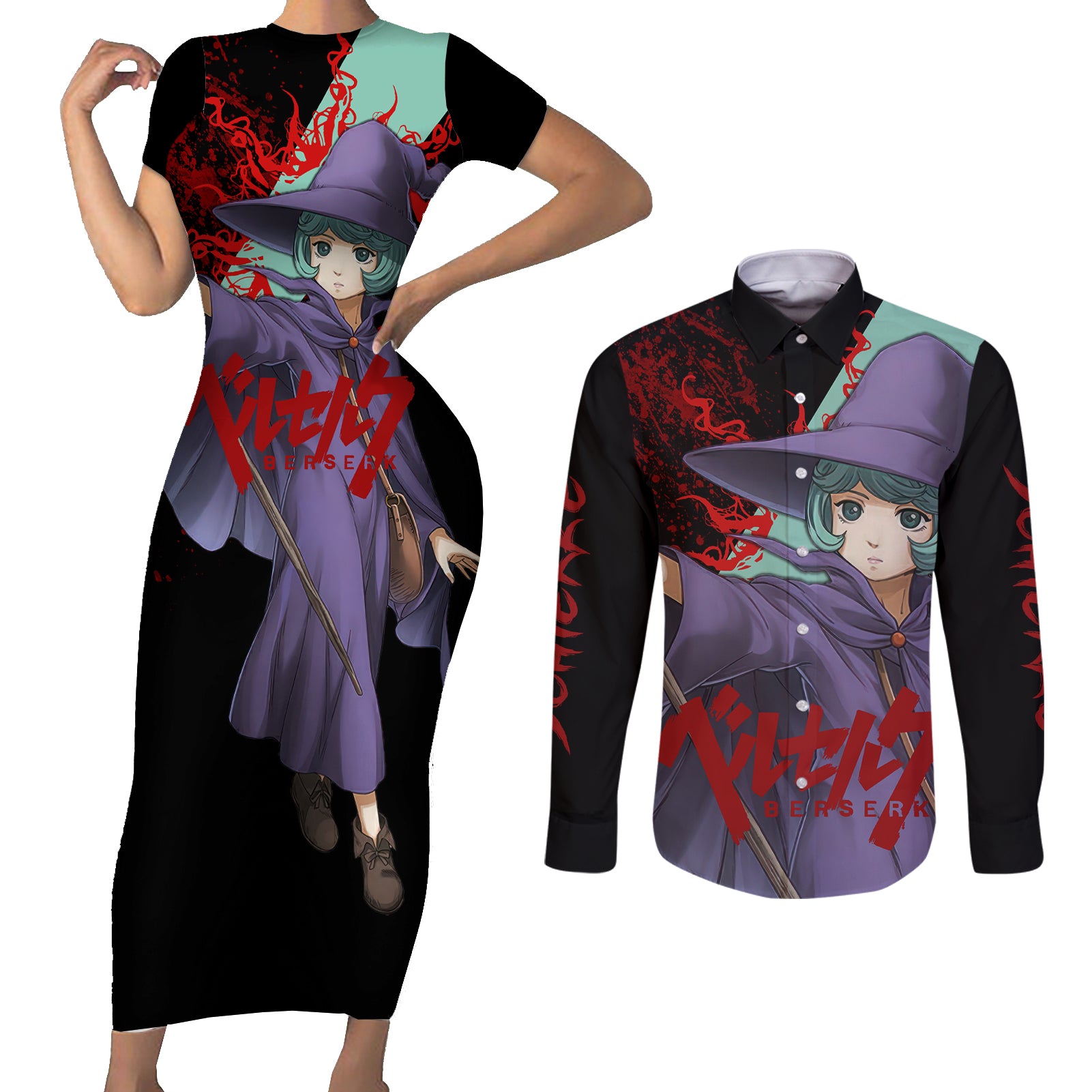 Schierke Basrard Couples Matching Short Sleeve Bodycon Dress and Long Sleeve Button Shirt Anime Style