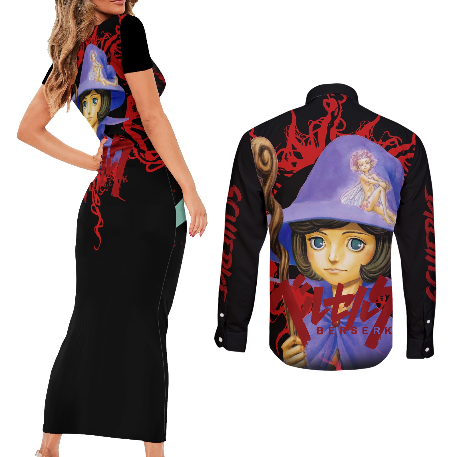 Schierke Basrard Couples Matching Short Sleeve Bodycon Dress and Long Sleeve Button Shirt Anime Style