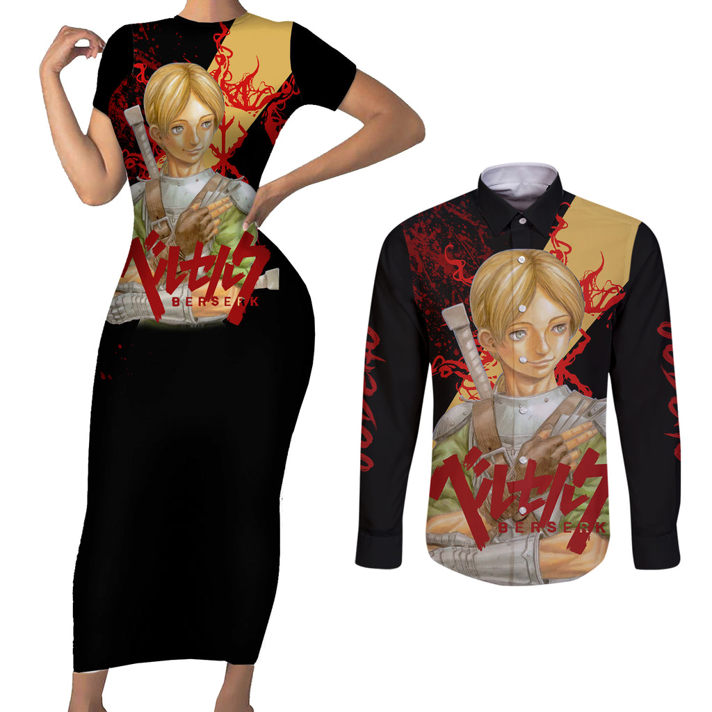 Judeau Berserk Couples Matching Short Sleeve Bodycon Dress and Long Sleeve Button Shirt Black Blood Style