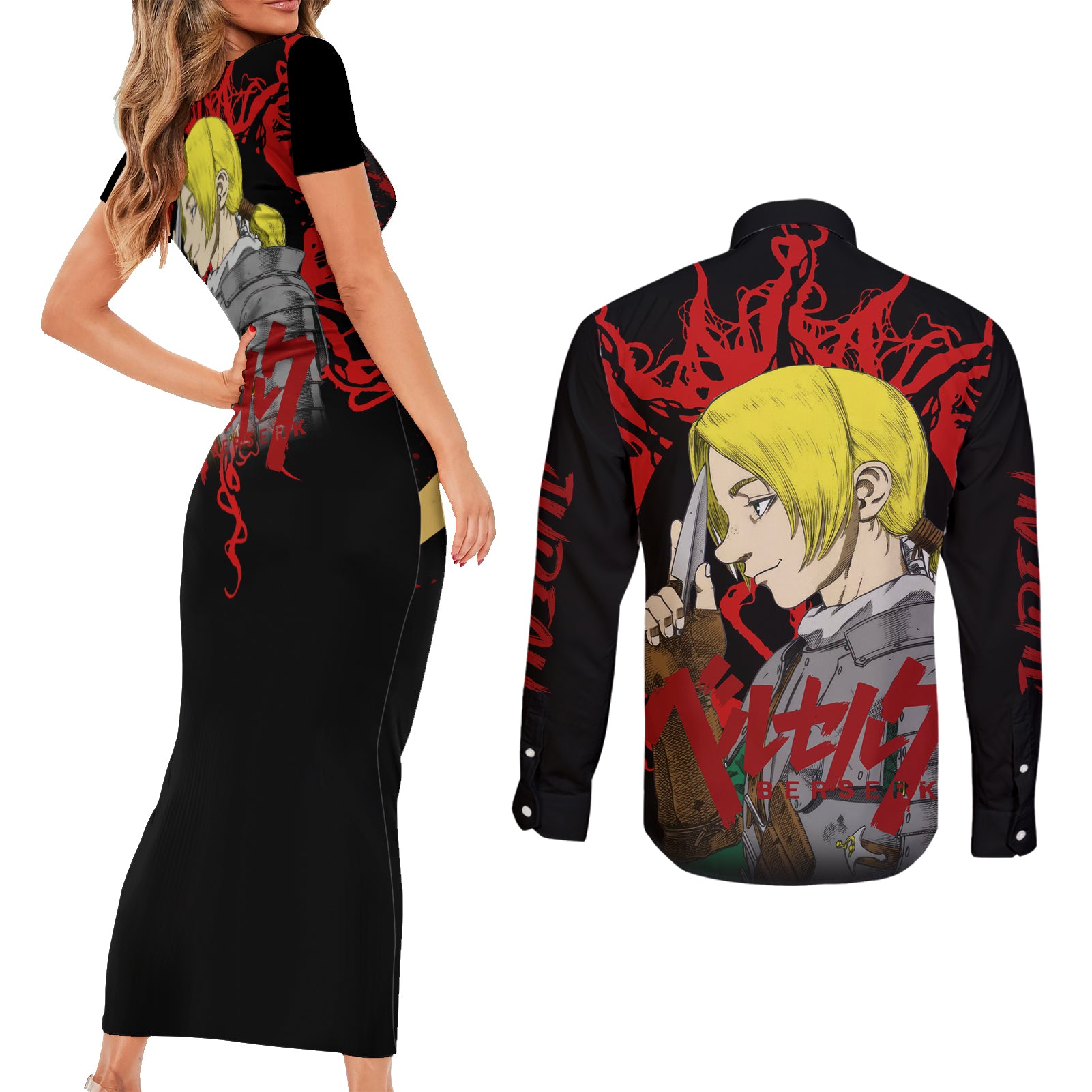 Judeau Berserk Couples Matching Short Sleeve Bodycon Dress and Long Sleeve Button Shirt Black Blood Style